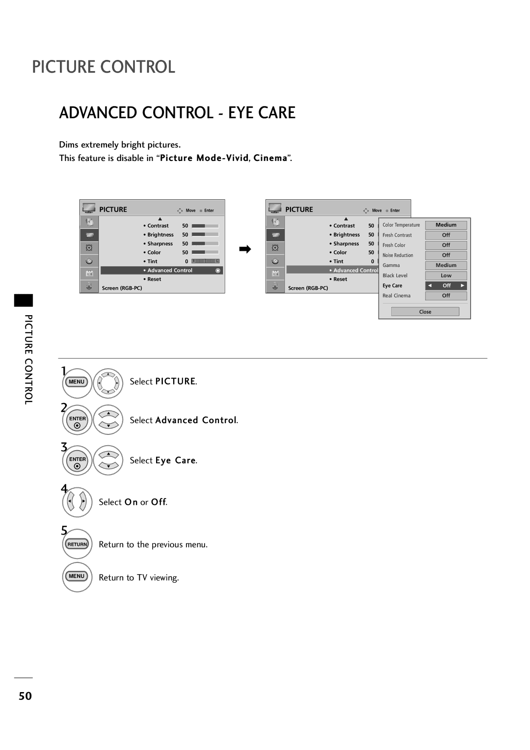 LG Electronics 323DCH, 263DCH owner manual Advanced Control EYE Care 