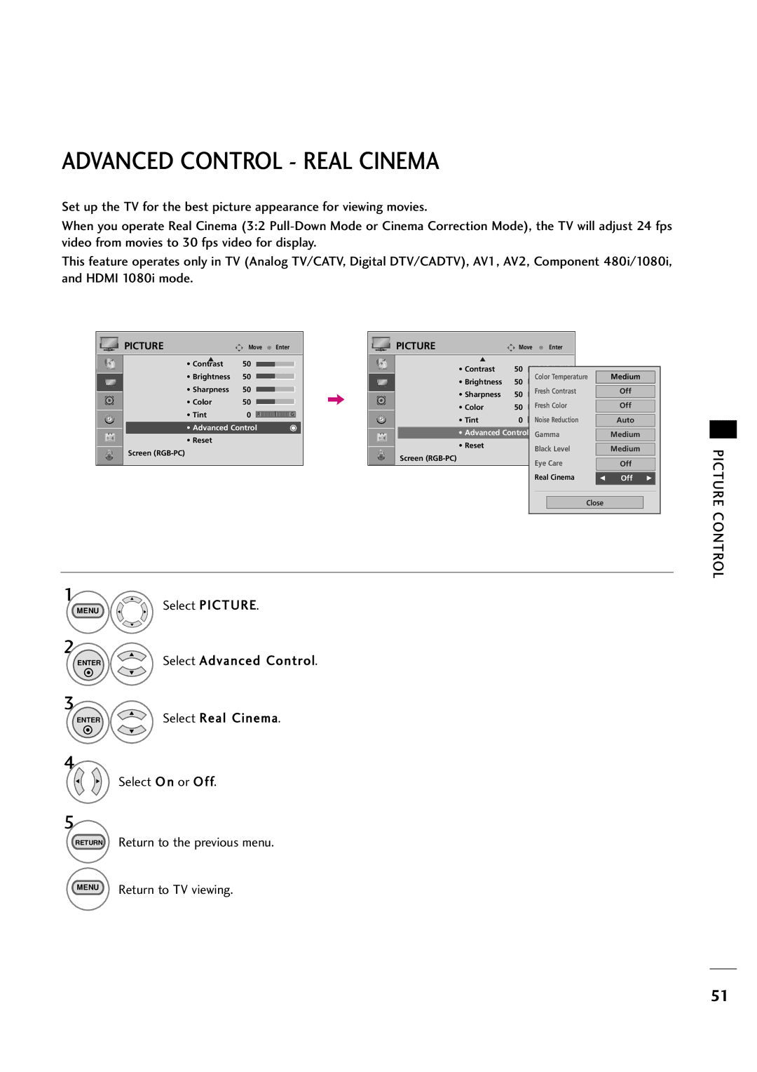 LG Electronics 263DCH, 323DCH owner manual Advanced Control Real Cinema 