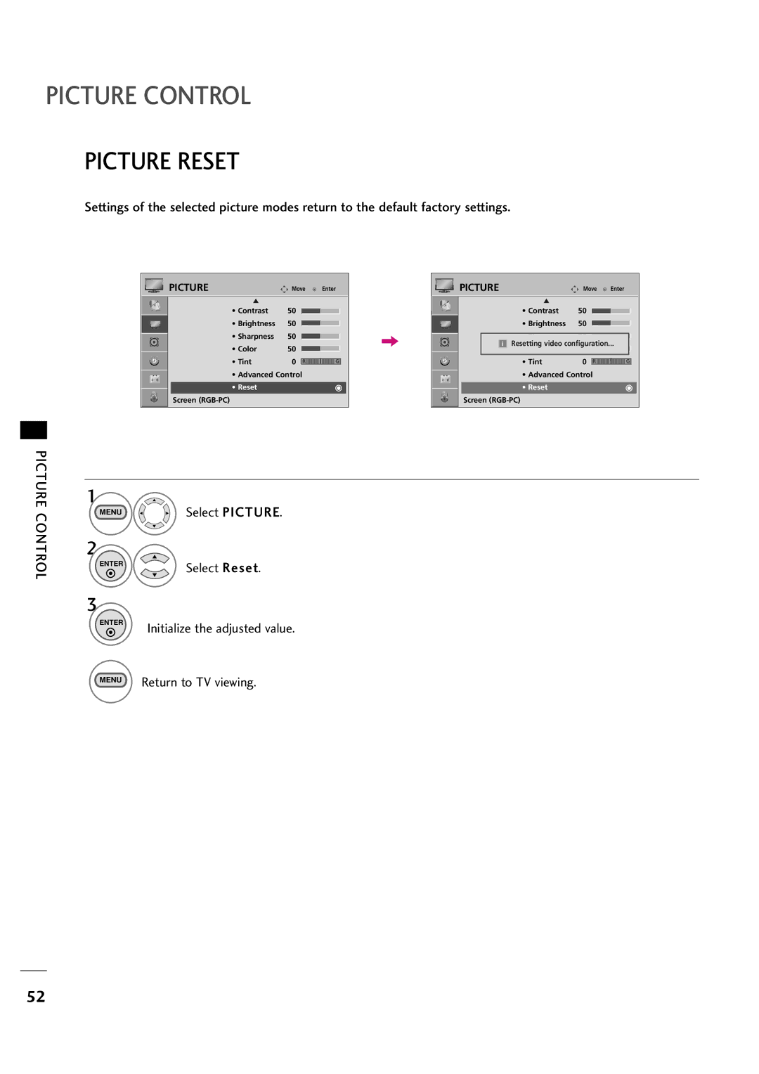 LG Electronics 323DCH, 263DCH owner manual Picture Reset, Initialize the adjusted value 