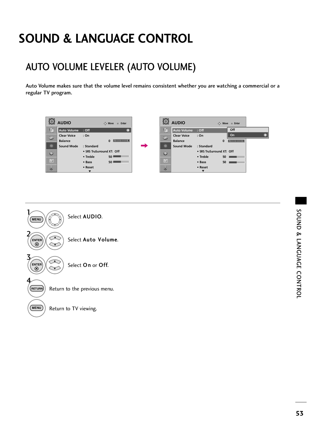 LG Electronics 263DCH, 323DCH owner manual Sound & Language Control, Auto Volume Leveler Auto Volume 