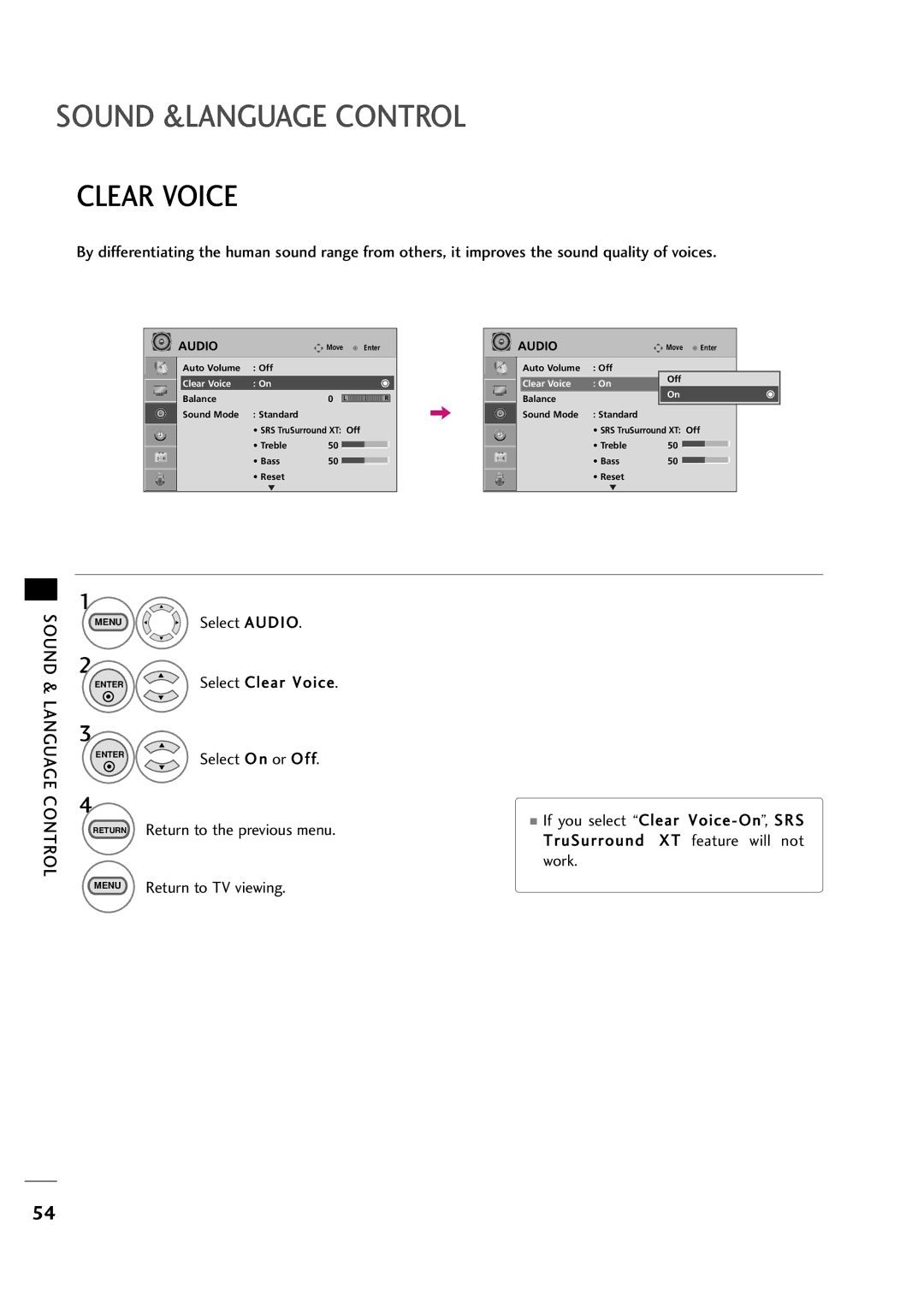 LG Electronics 323DCH, 263DCH owner manual Sound &LANGUAGE Control, Clear Voice 