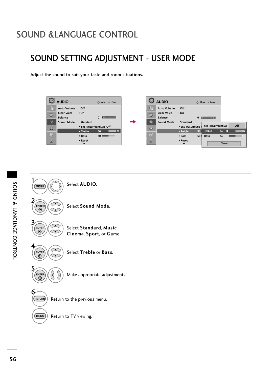 LG Electronics 323DCH, 263DCH owner manual Sound Setting Adjustment User Mode, Sound & Language 