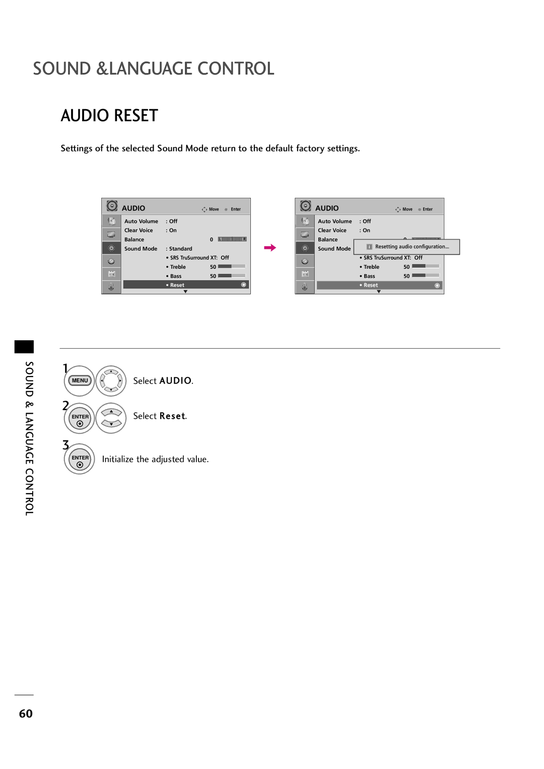 LG Electronics 323DCH, 263DCH owner manual Audio Reset, Menu Select Audio ENTERSelect Reset 