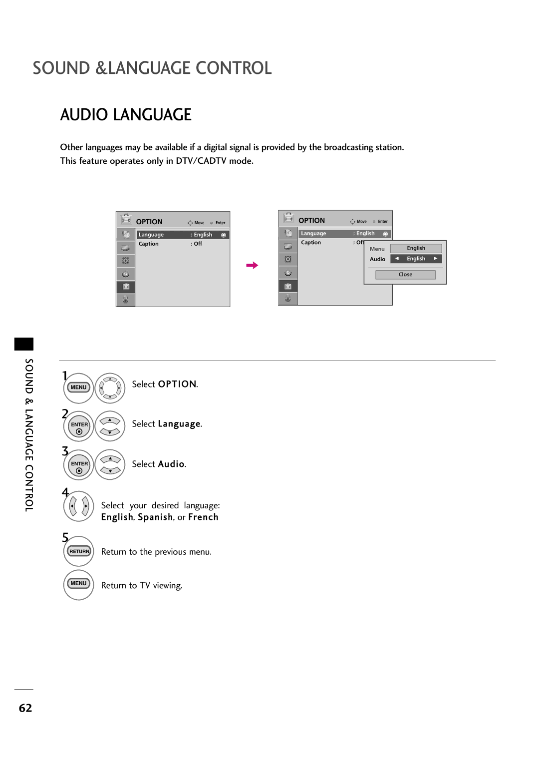 LG Electronics 323DCH, 263DCH owner manual Audio Language, Menu Select Option ENTERSelect Language 