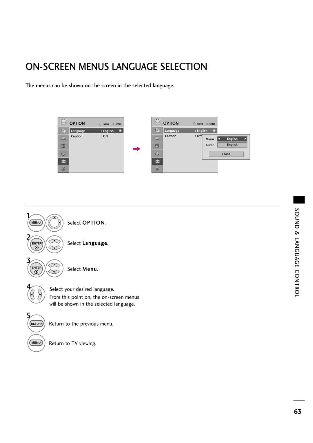 LG Electronics 263DCH ON-SCREEN Menus Language Selection, Menus can be shown on the screen in the selected language 