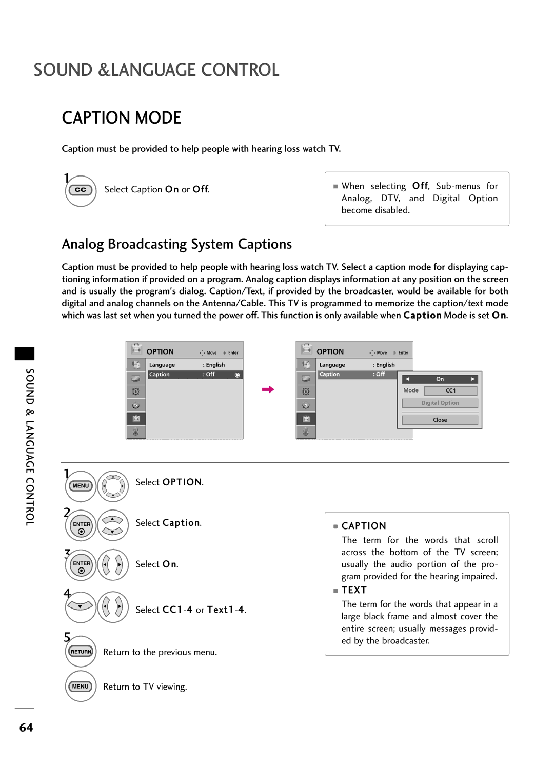 LG Electronics 323DCH, 263DCH owner manual Caption Mode, Analog Broadcasting System Captions, Text 