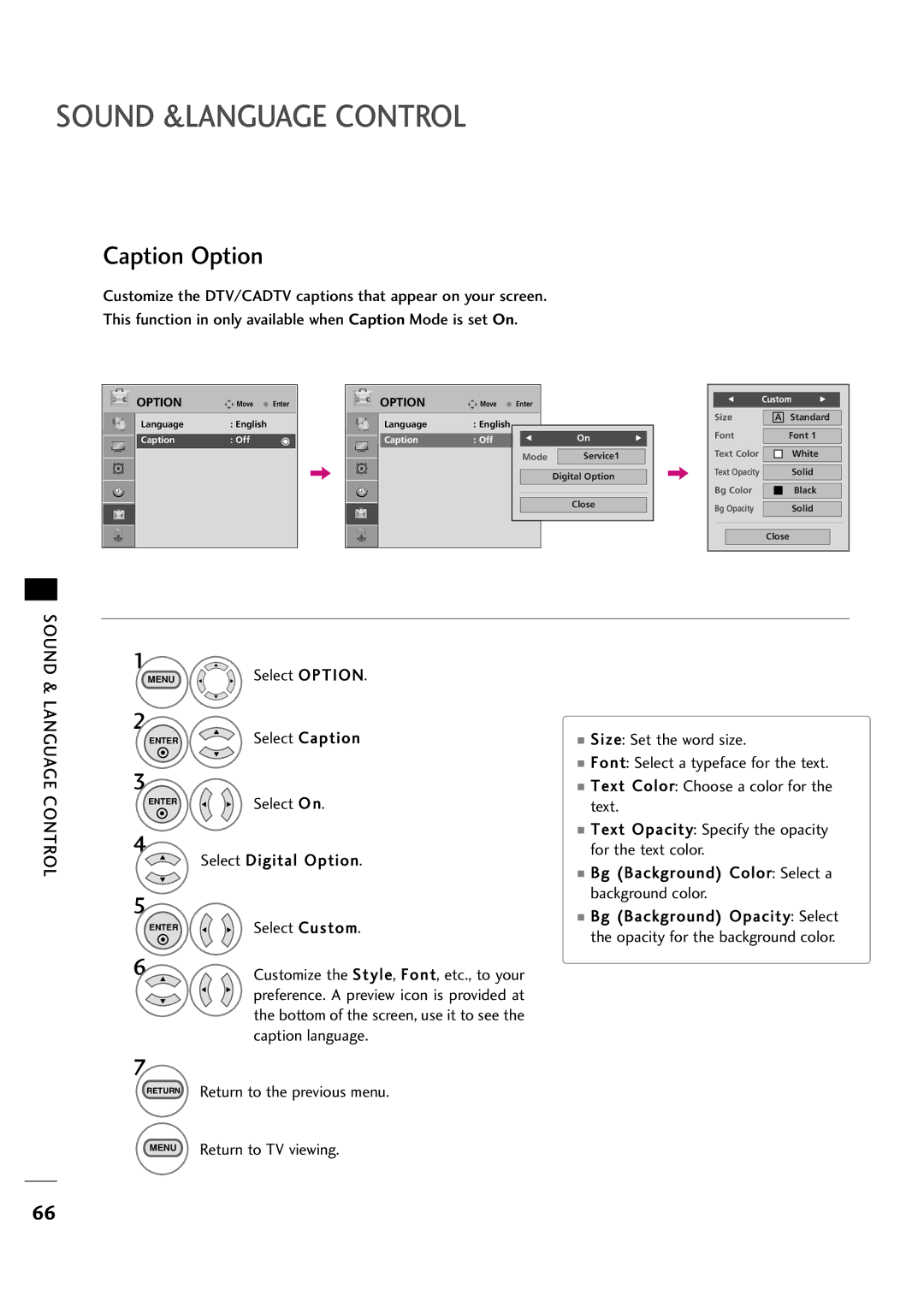 LG Electronics 323DCH, 263DCH owner manual Caption Option, Menu Select Option 