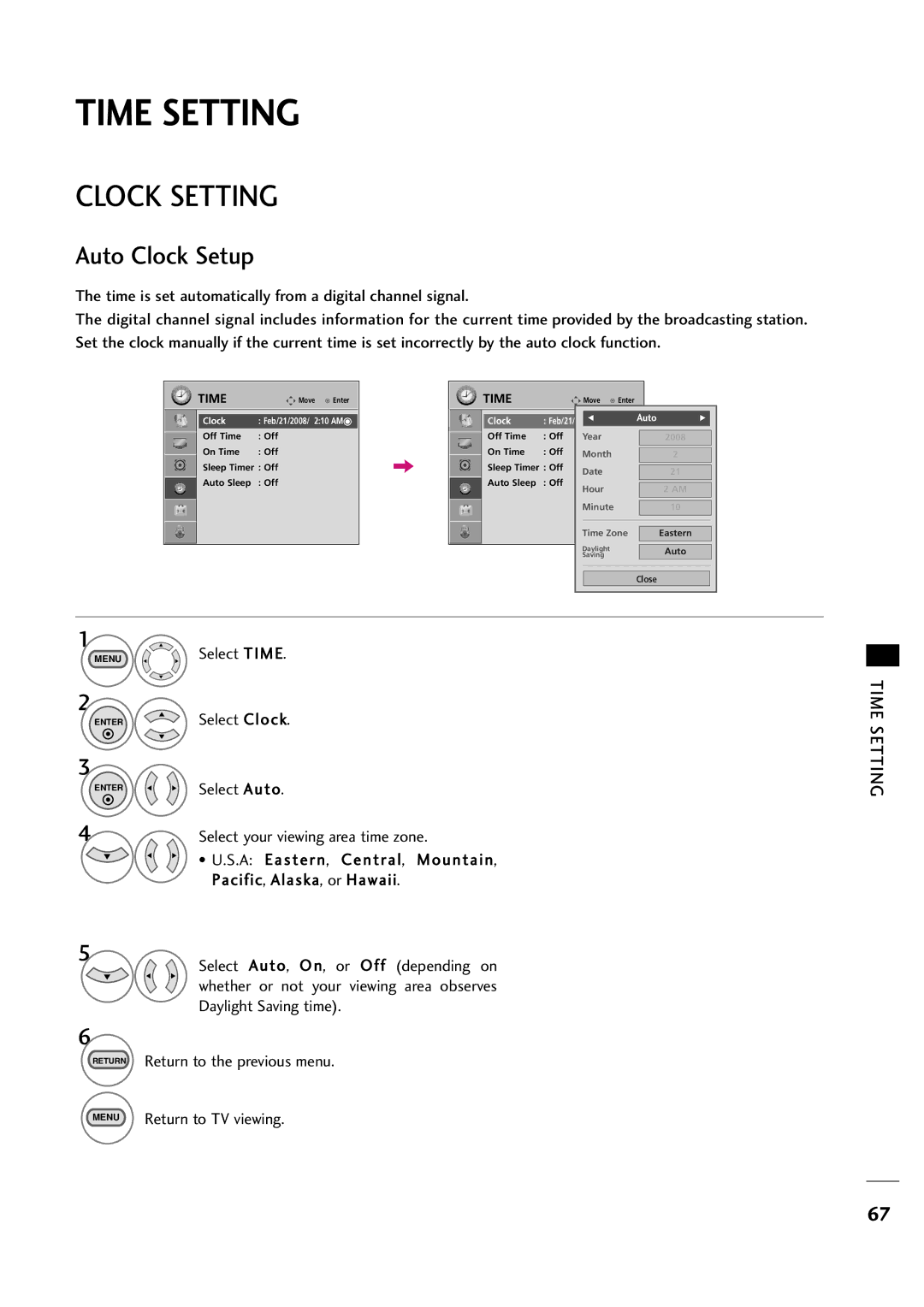 LG Electronics 263DCH, 323DCH owner manual Time Setting, Clock Setting, Auto Clock Setup 