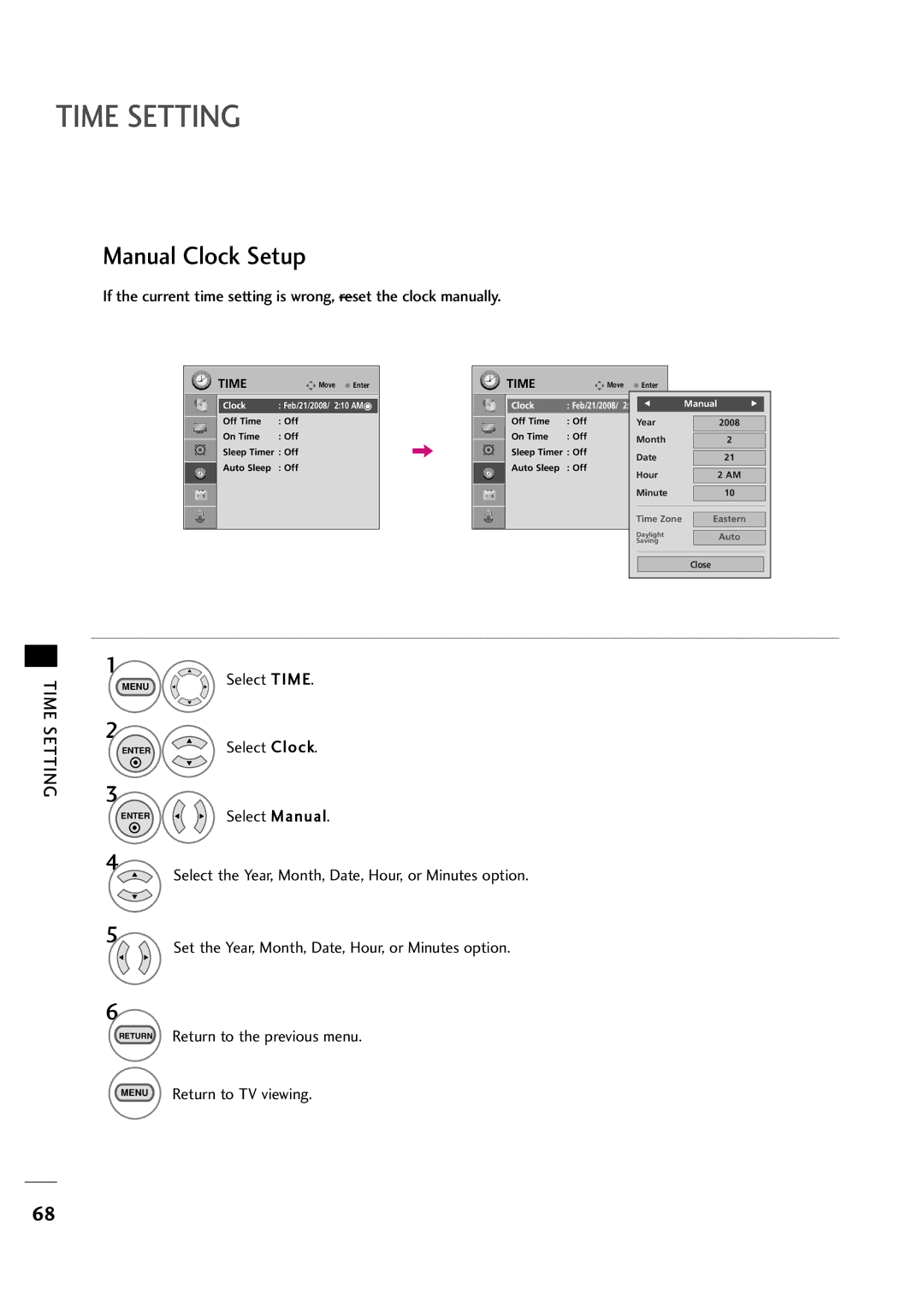 LG Electronics 323DCH, 263DCH owner manual Time Setting, Manual Clock Setup 