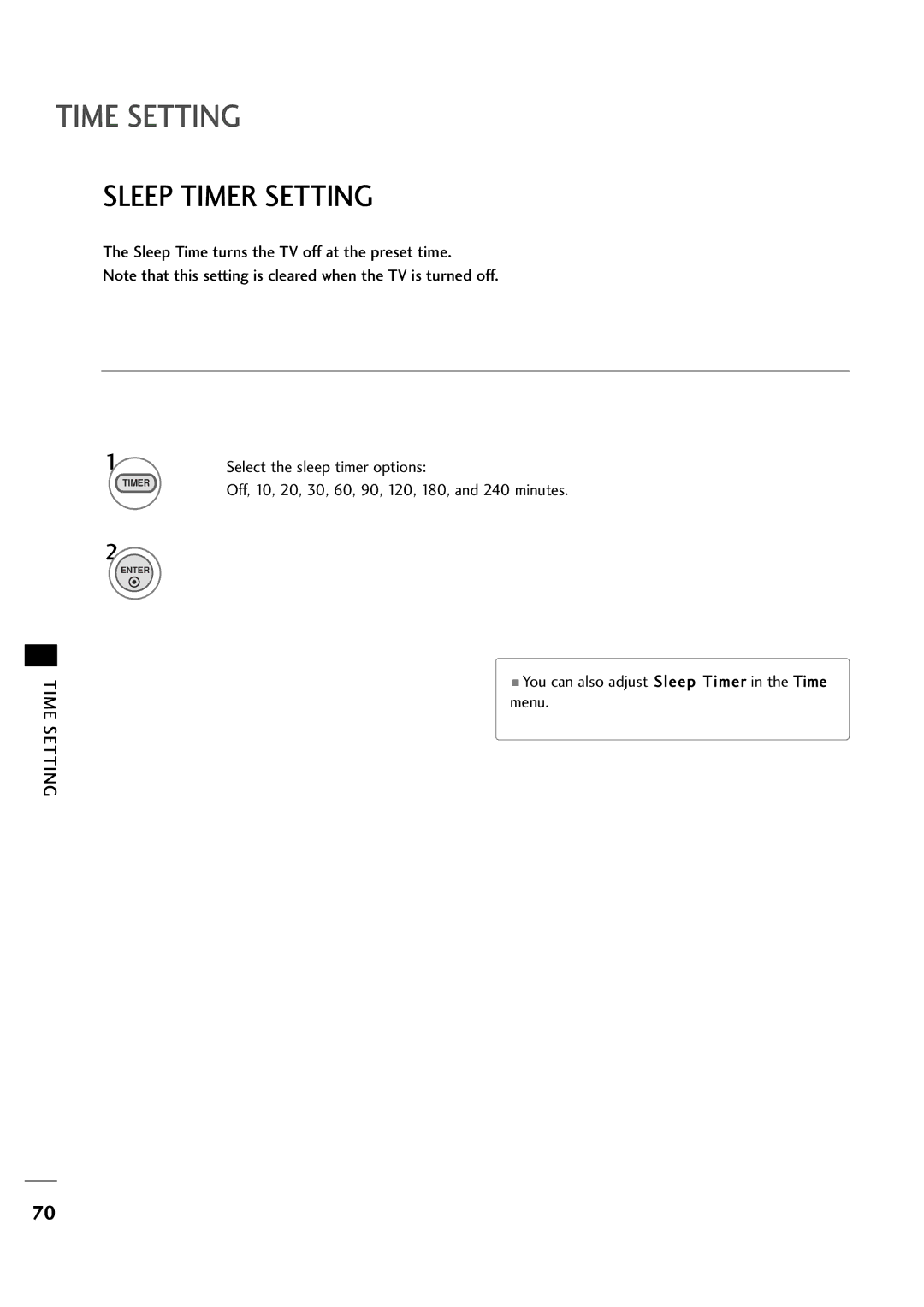 LG Electronics 323DCH, 263DCH owner manual Sleep Timer Setting, Sleep Time turns the TV off at the preset time 