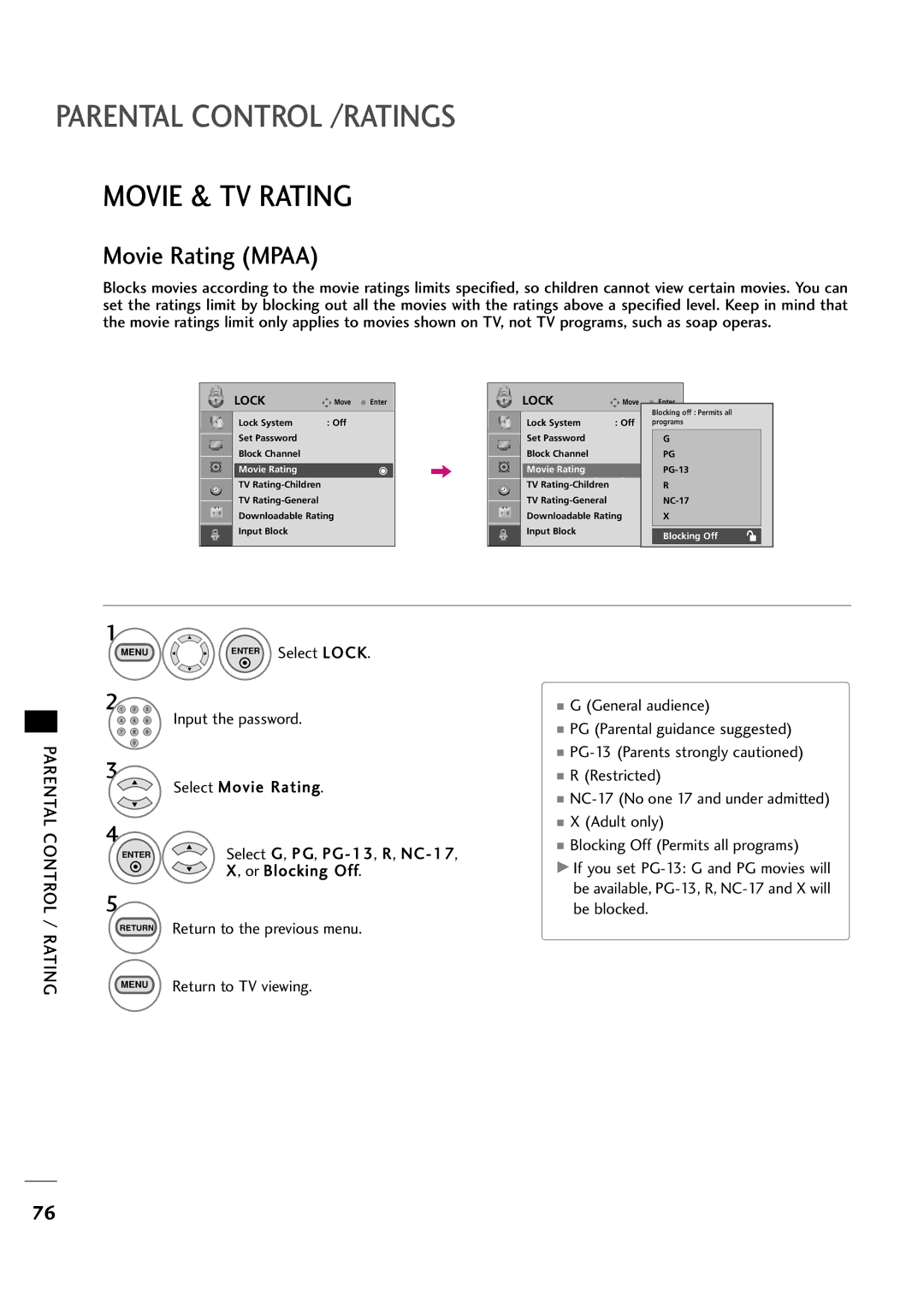 LG Electronics 323DCH, 263DCH owner manual Movie & TV Rating, Movie Rating Mpaa, Select Movie Rating, Or Blocking Off 