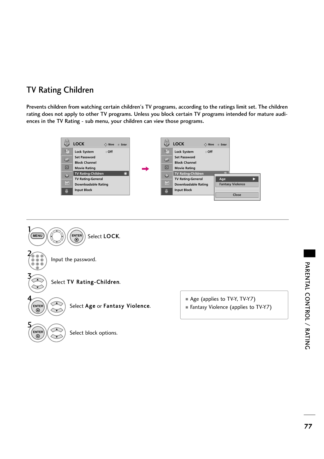 LG Electronics 263DCH, 323DCH owner manual TV Rating Children, Select TV Rating-Children Age applies to TV-Y, TV-Y7 