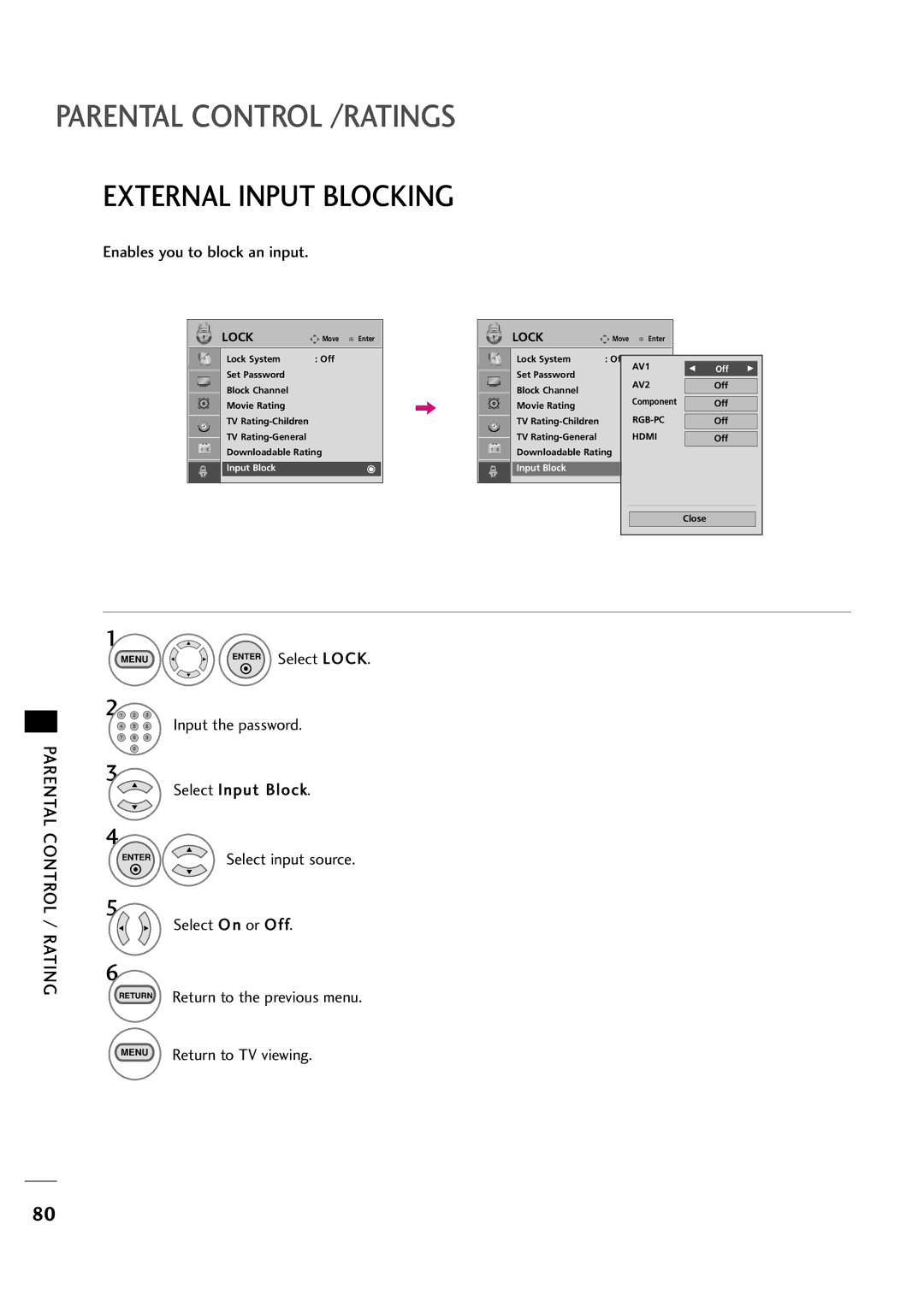 LG Electronics 323DCH, 263DCH owner manual External Input Blocking, Enables you to block an input 