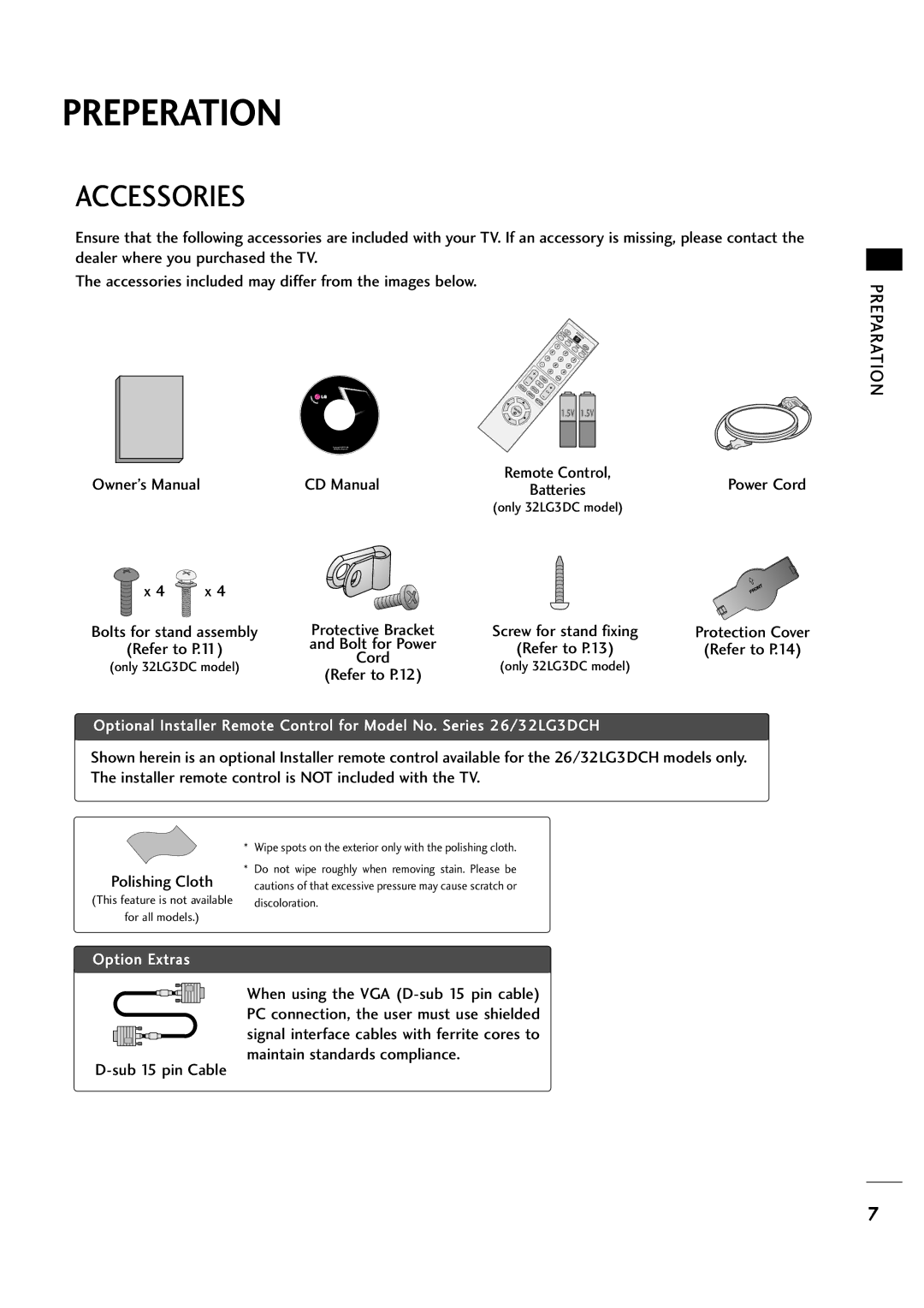 LG Electronics 263DCH Preperation, Accessories, Preparation, CD Manual, Maintain standards compliance Sub 15 pin Cable 