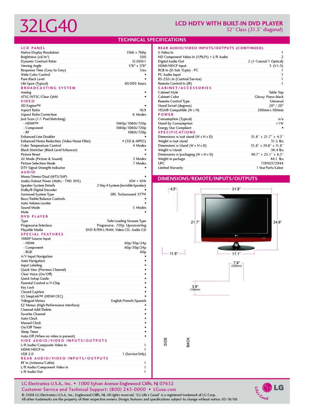 LG Electronics 3240 manual Technical Specifications, Dimensions/Remote/Inputs/Outputs 