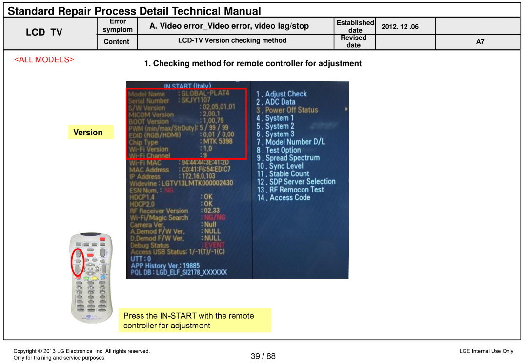 LG Electronics 32LA62**-Z* Standard Repair Process Detail Technical Manual, A. Video errorVideo error, video lag/stop 