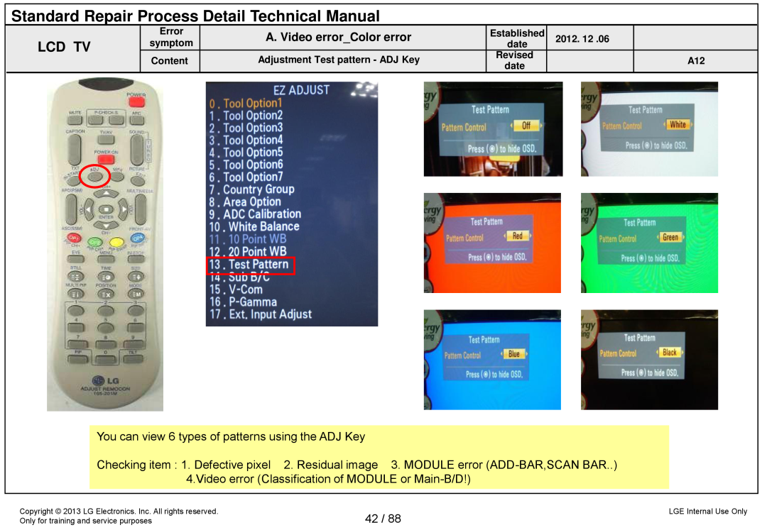 LG Electronics 32LA62**-Z* Standard Repair Process Detail Technical Manual, A. Video errorColor error, Residual image 