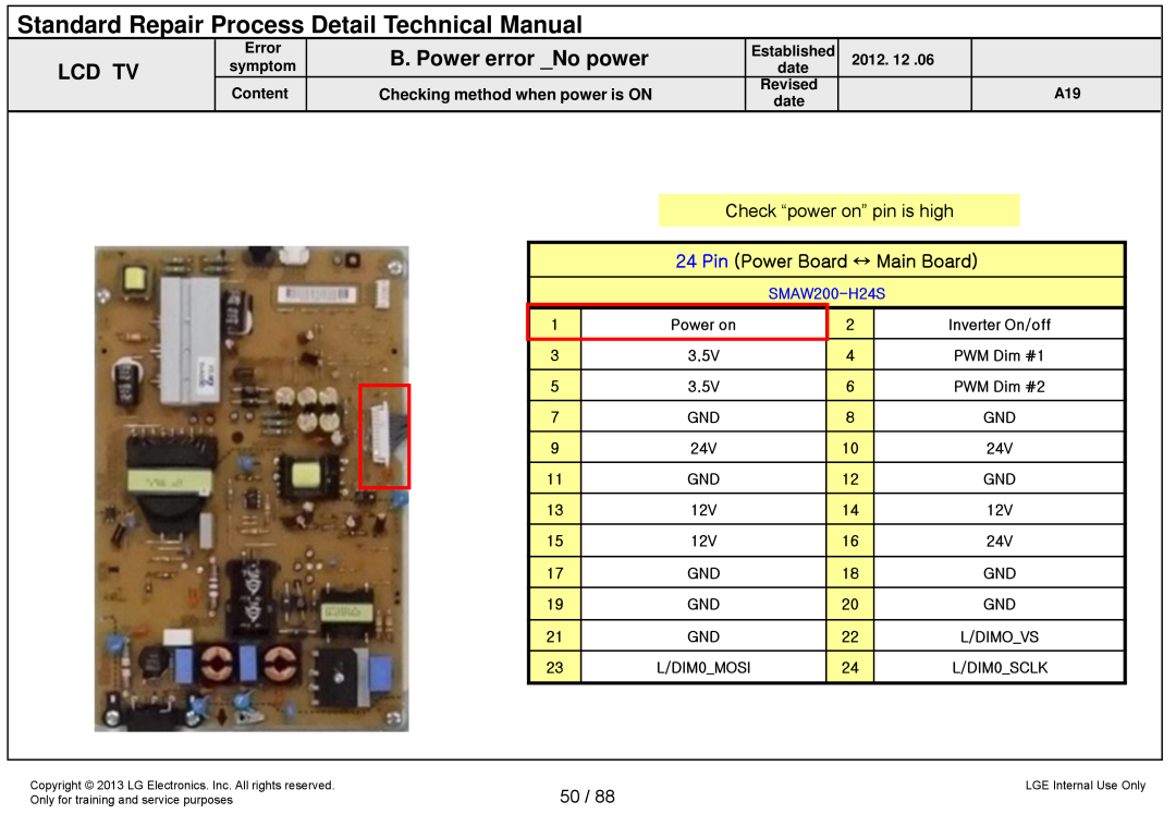 LG Electronics 32LA62**-Z* Standard Repair Process Detail Technical Manual, Check “power on” pin is high, SMAW200-H24S 