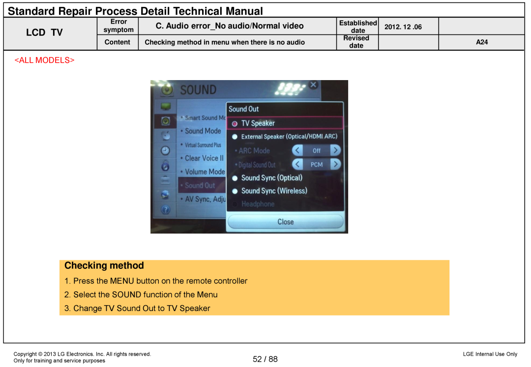 LG Electronics 32LA62**-Z* Standard Repair Process Detail Technical Manual, C. Audio errorNo audio/Normal video 