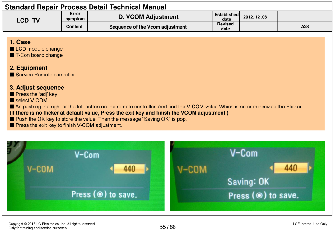 LG Electronics 32LA62**-Z* Standard Repair Process Detail Technical Manual, LCD module change T-Con board change 