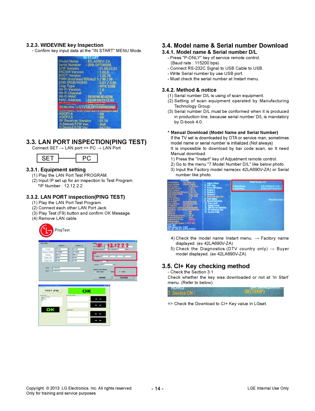 LG Electronics 32LA62**-Z* service manual Lan Port Inspectionping Test, Set Pc, Model name & Serial number Download 