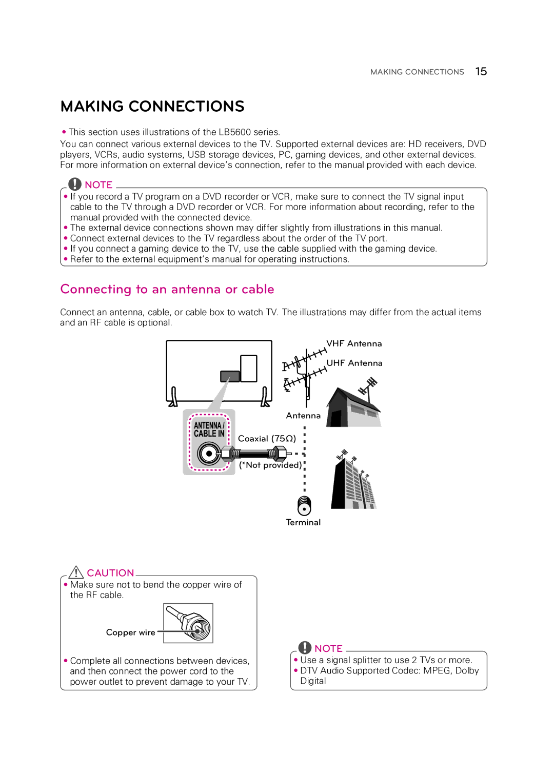 LG Electronics 32LB5600 owner manual Making Connections, Connecting to an antenna or cable 