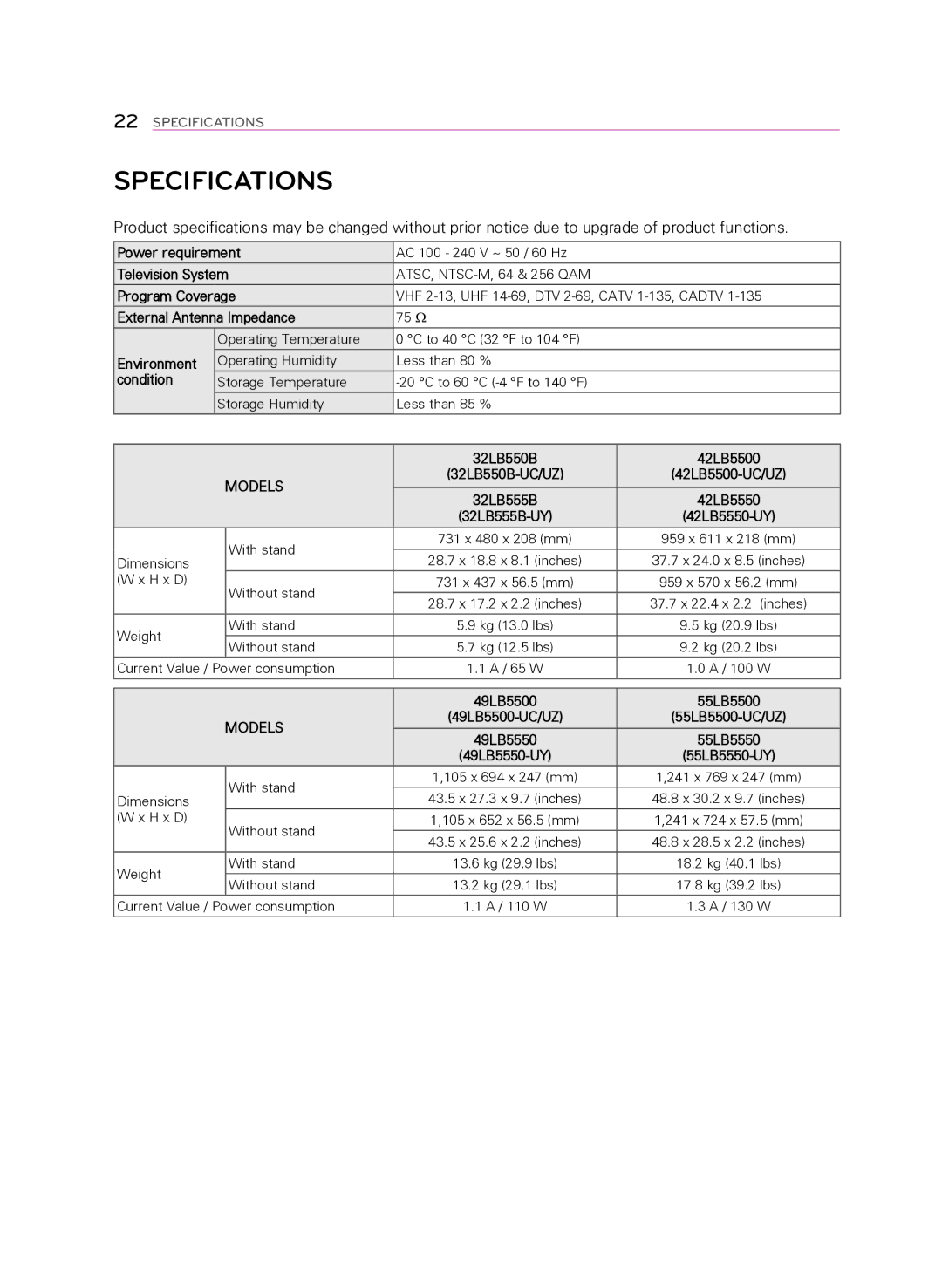 LG Electronics 32LB5600 owner manual Specifications, Models 