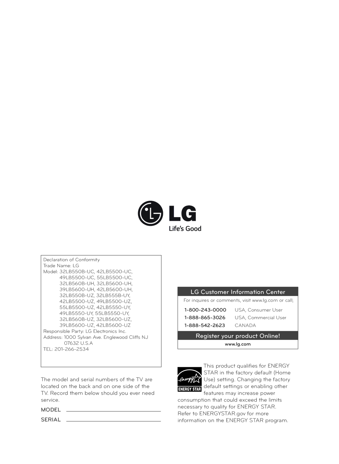 LG Electronics 32LB5600 owner manual LG Customer Information Center 