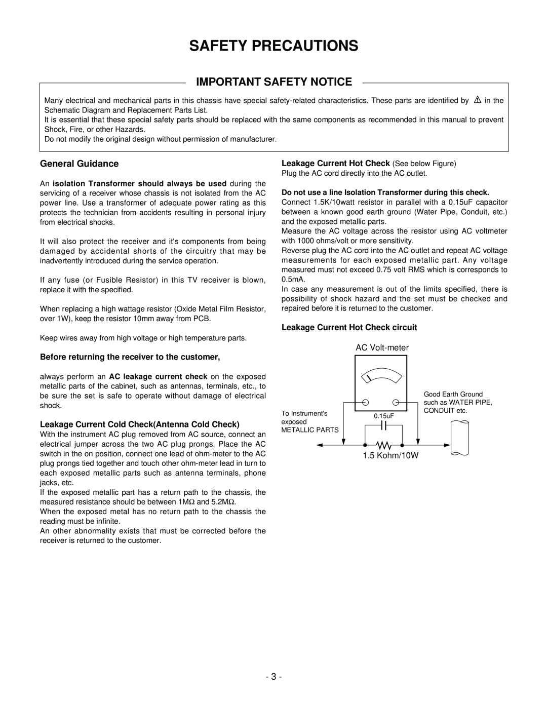 LG Electronics 32LC2D(B) Safety Precautions, Important Safety Notice, General Guidance, Leakage Current Hot Check circuit 
