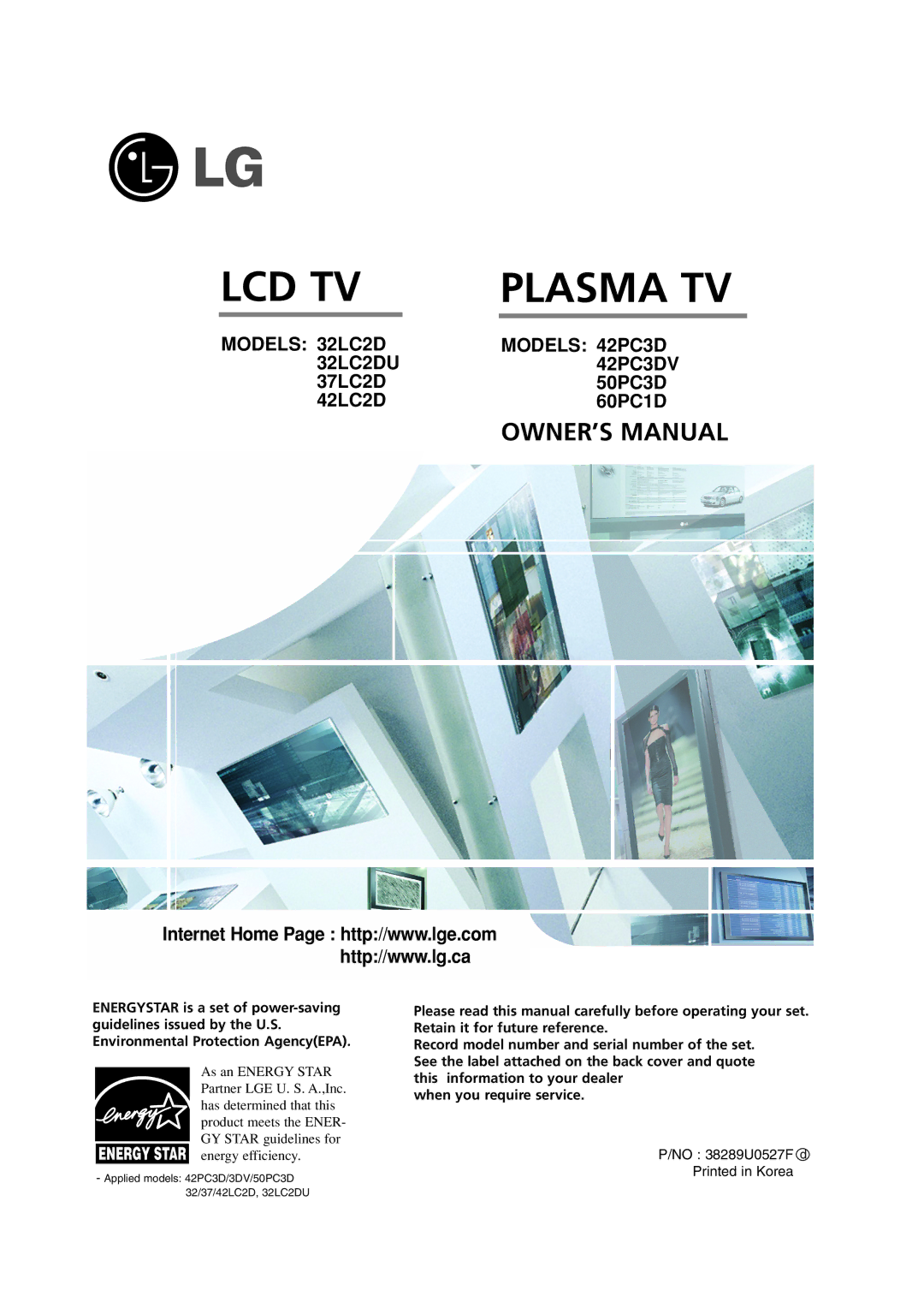 LG Electronics 32LC2DU owner manual 37LC2D 50PC3D 42LC2D 60PC1D, No 38289U0527F d 