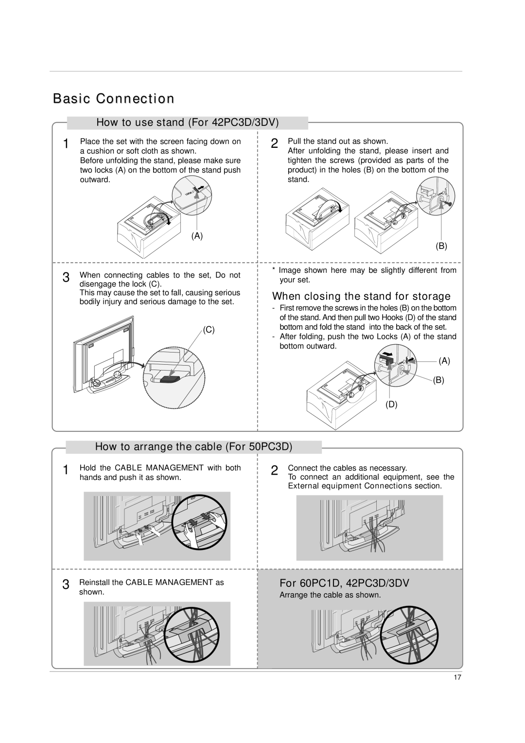 LG Electronics 32LC2DU owner manual How to use stand For 42PC3D/3DV, When closing the stand for storage 