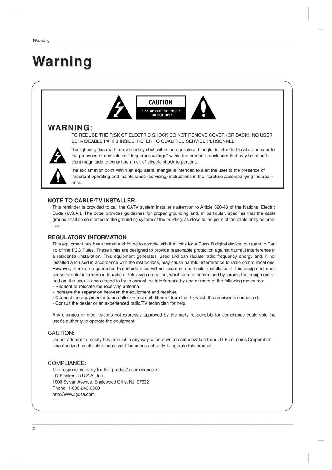 LG Electronics 32LC2DU owner manual Regulatory Information 