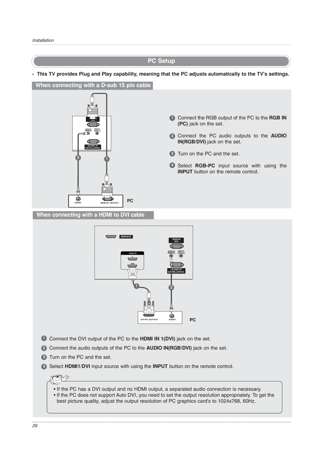 LG Electronics 32LC2DU owner manual PC Setup, When connecting with a D-sub 15 pin cable 