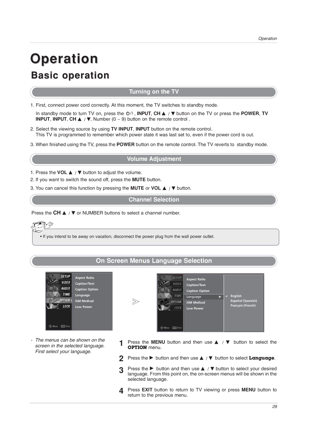 LG Electronics 32LC2DU Basic operation, On Screen Menus Language Selection, Turning on the TV, Volume Adjustment 