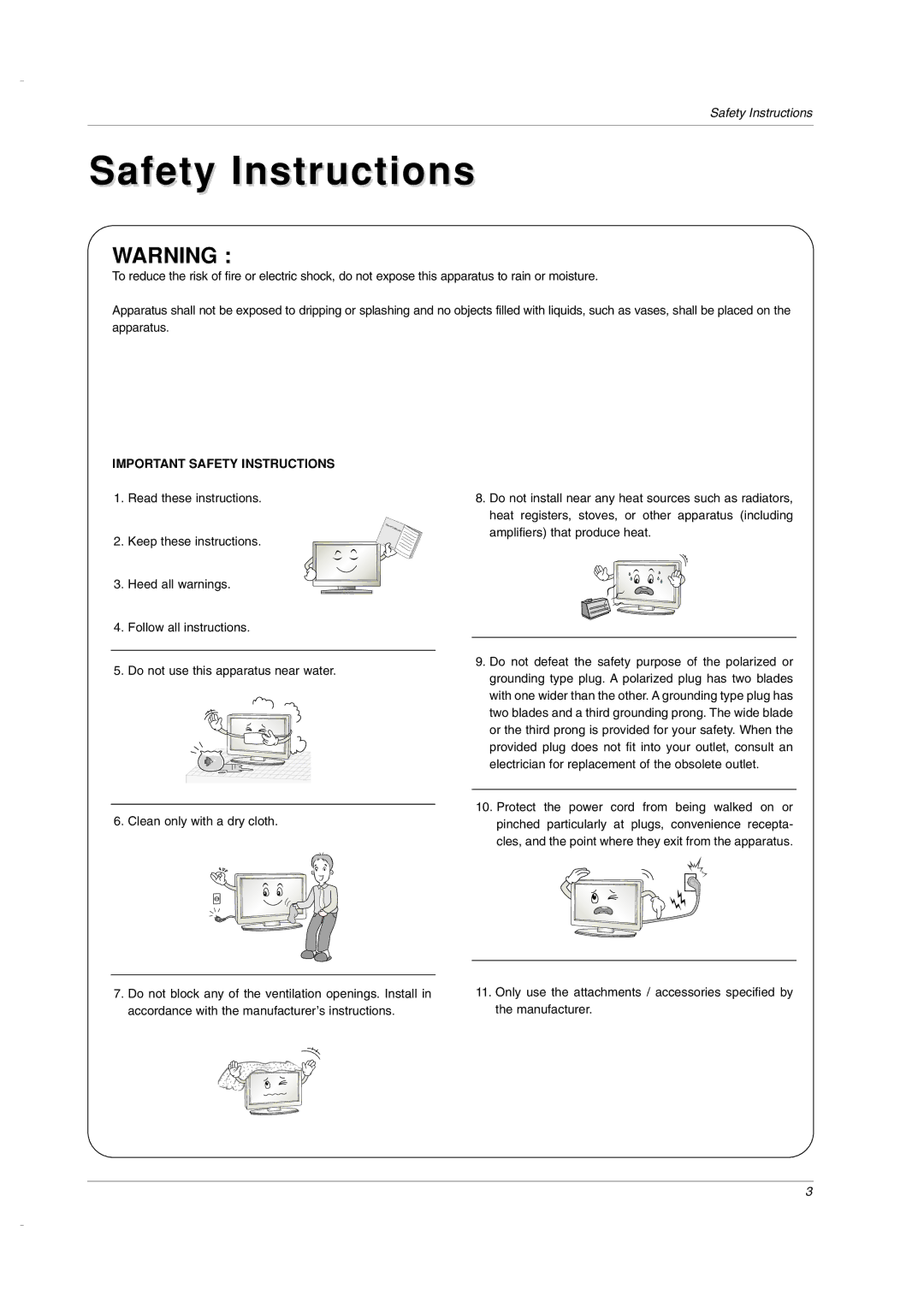 LG Electronics 32LC2DU owner manual Safety Instructions 