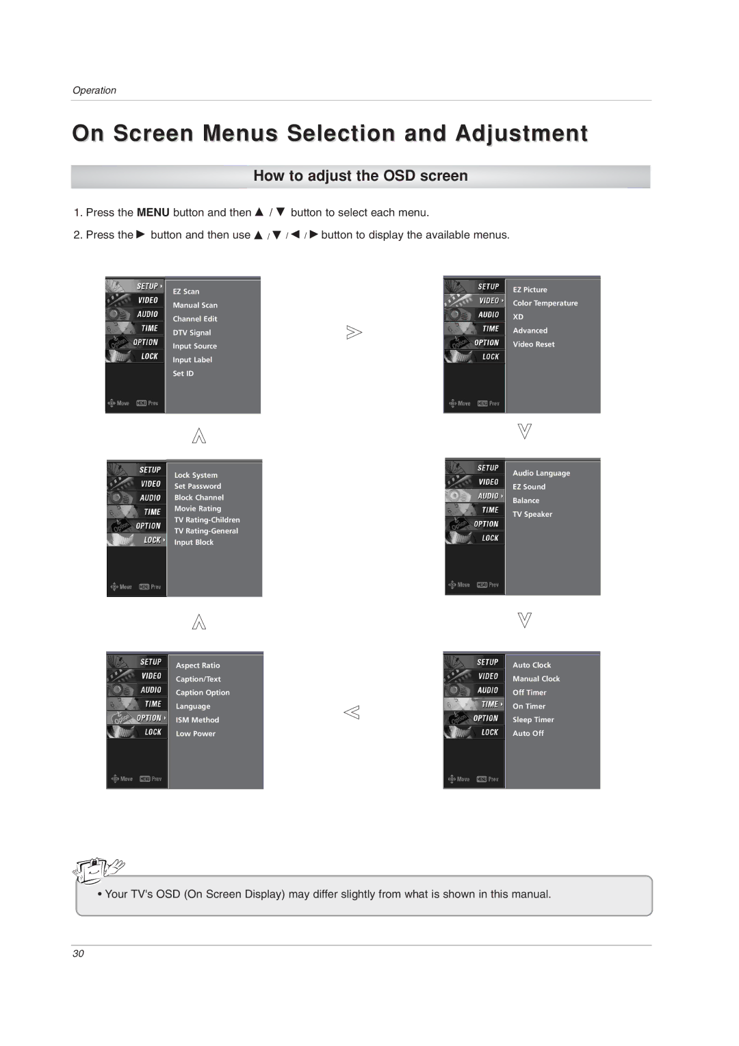 LG Electronics 32LC2DU owner manual On Screen Menus Selection and Adjustment, How to adjust the OSD screen 