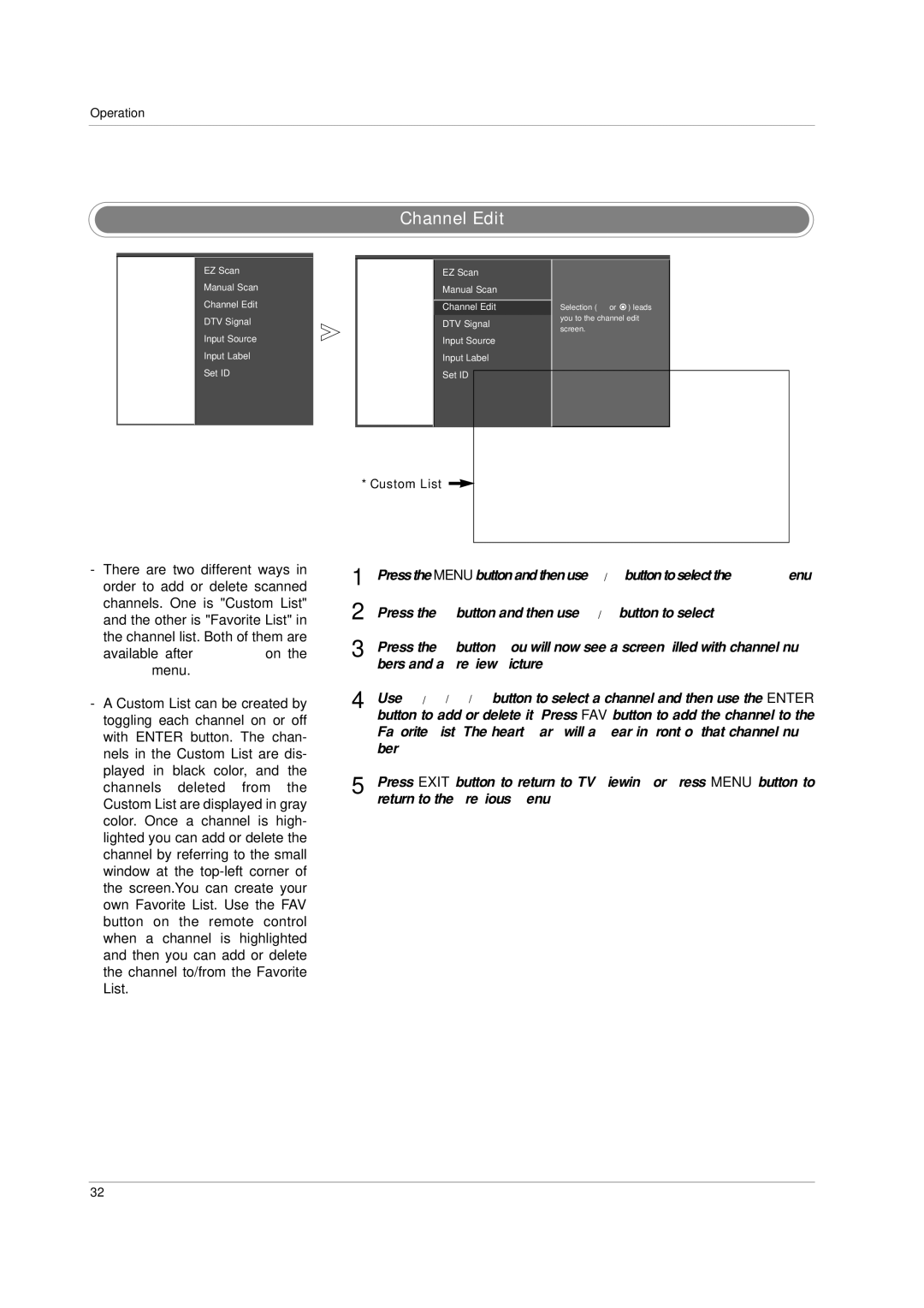 LG Electronics 32LC2DU owner manual Channel Edit, Bers and a preview picture 