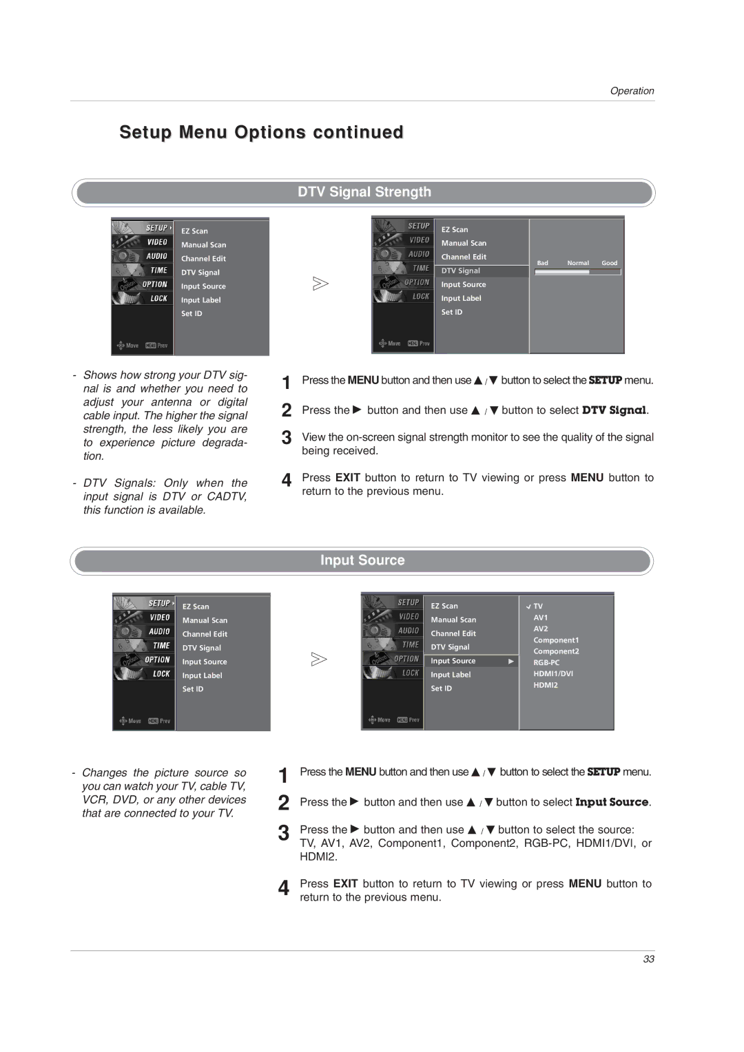 LG Electronics 32LC2DU owner manual DTV Signal Strength, Input Source, Being received 