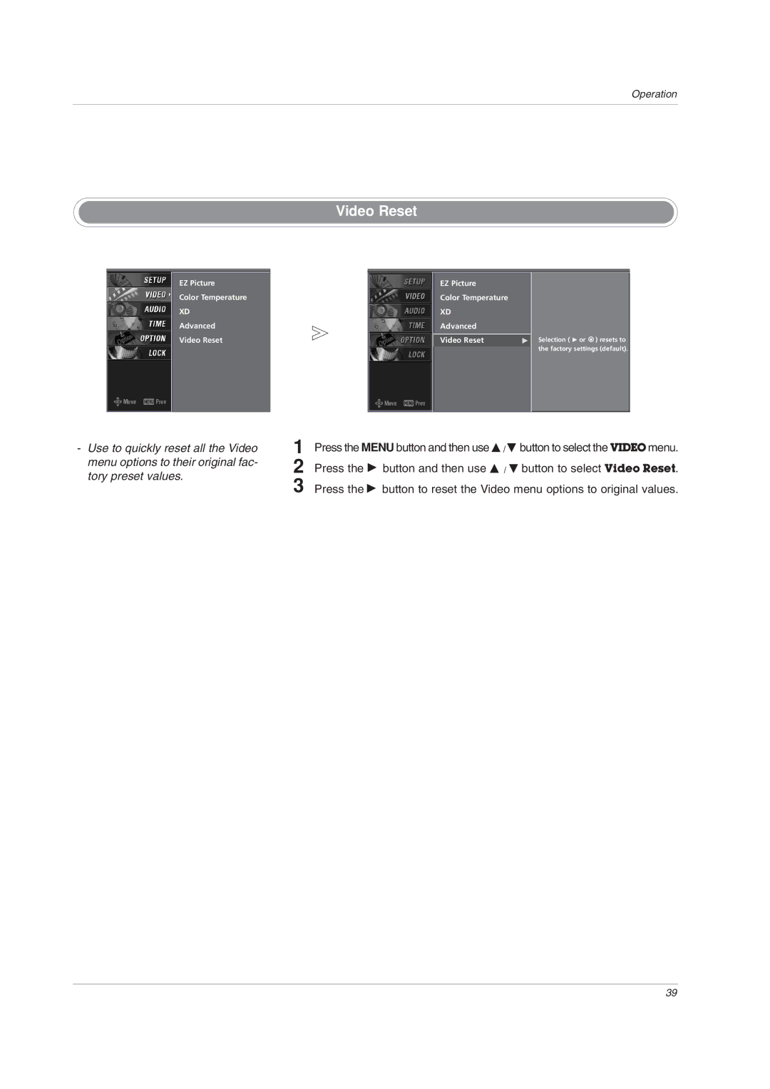 LG Electronics 32LC2DU owner manual Video Reset 