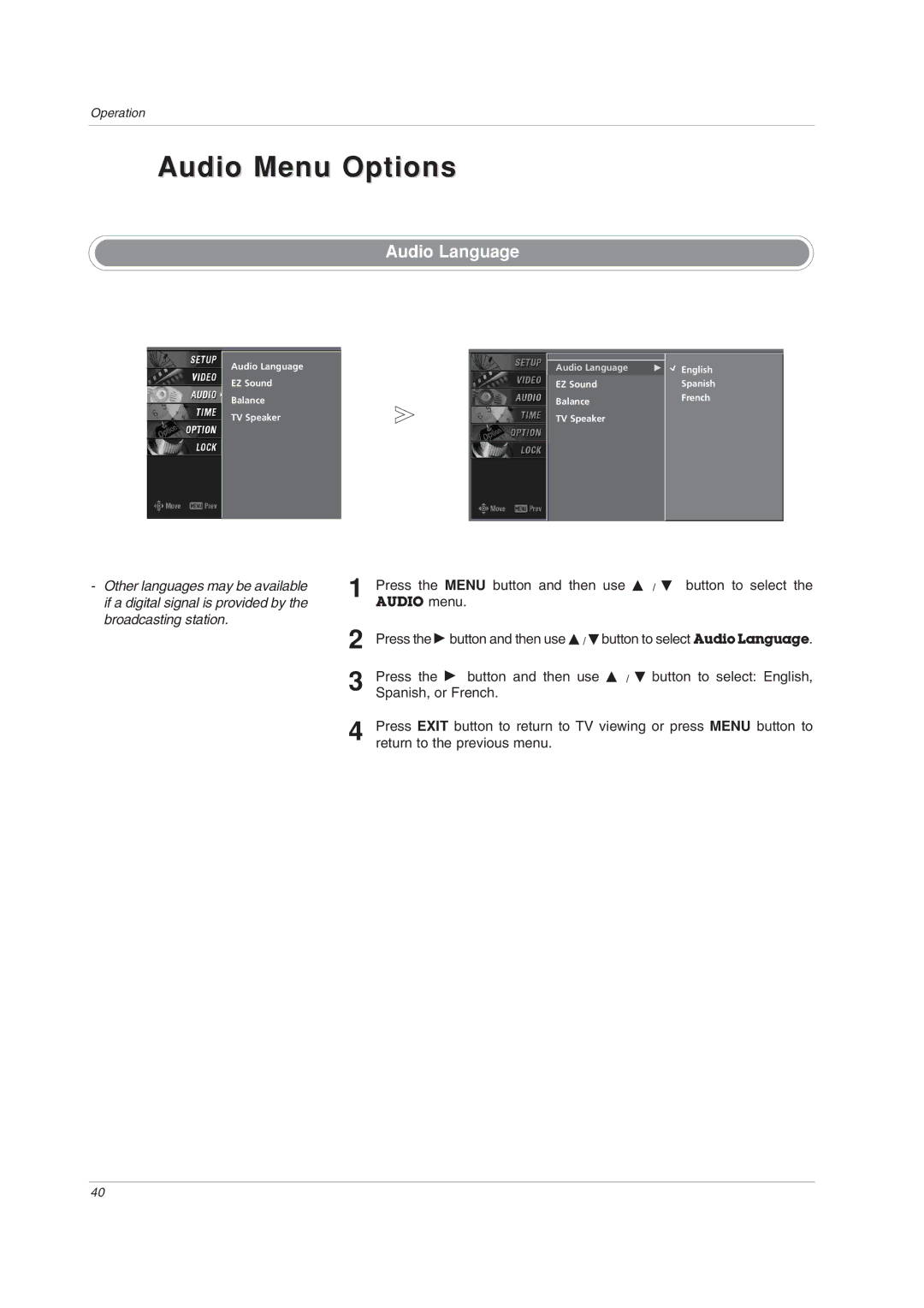 LG Electronics 32LC2DU owner manual Audio Menu Options, Audio Language, Spanish, or French 