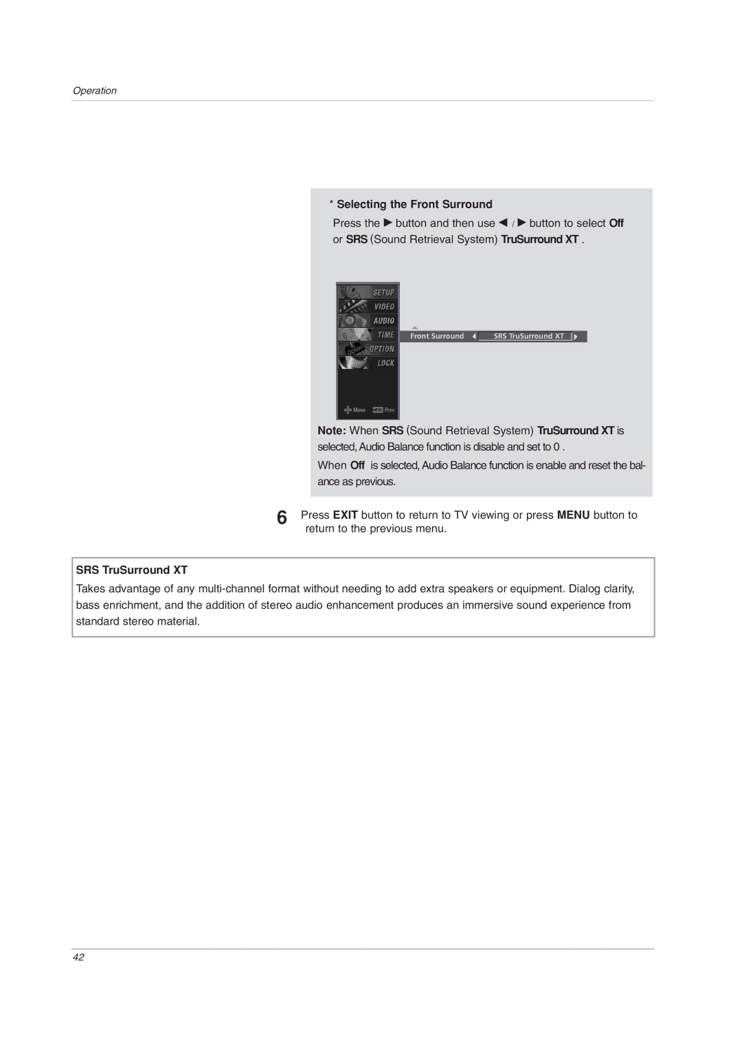 LG Electronics 32LC2DU owner manual Selecting the Front Surround, SRS TruSurround XT 