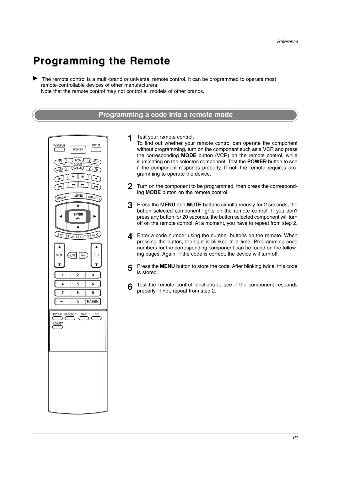 LG Electronics 32LC2DU owner manual Programming the Remote, Programming a code into a remote mode 