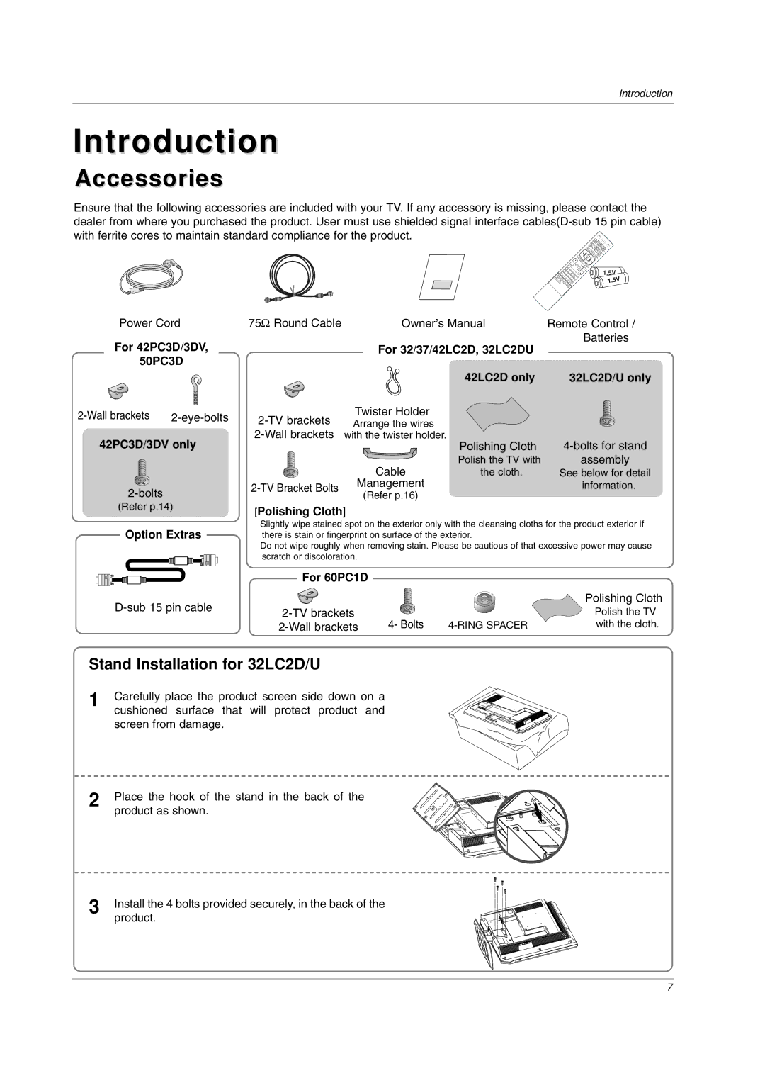 LG Electronics 32LC2DU owner manual Accessories, Stand Installation for 32LC2D/U 