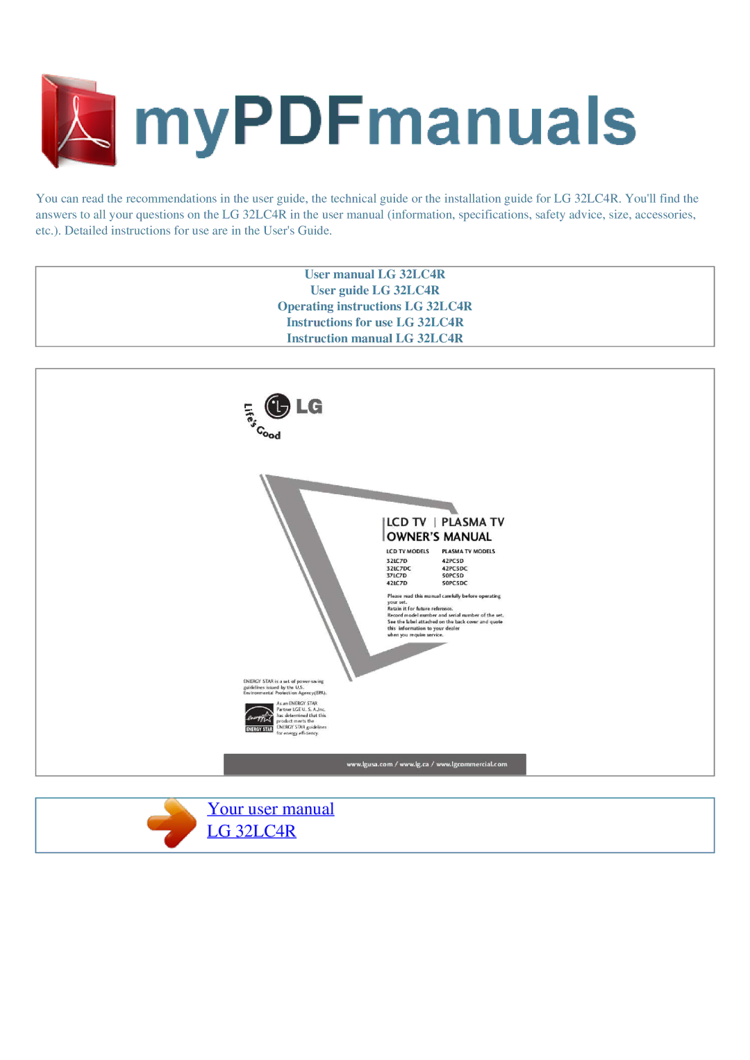 LG Electronics user manual LG 32LC4R 