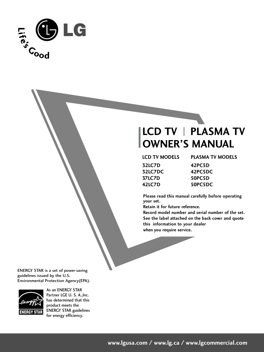 LG Electronics owner manual 32LC7D 42PC5D, 37LC7D 50PC5D 42LC7D 