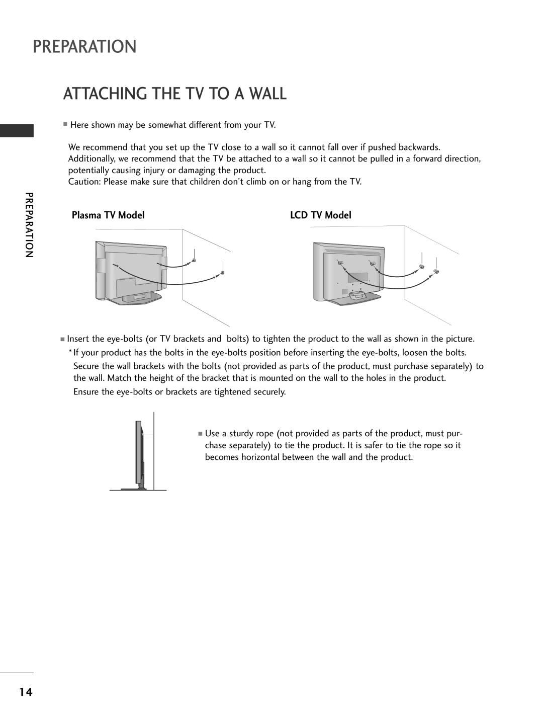 LG Electronics 32LC7D, 42PC5D Attaching the TV to a Wall, Ensure the eye-bolts or brackets are tightened securely 