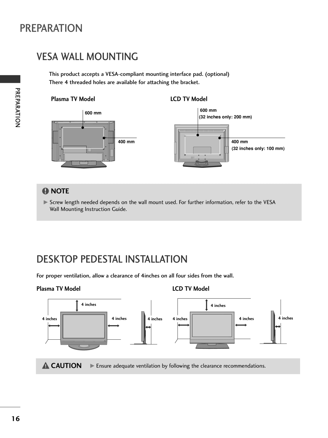 LG Electronics 32LC7D, 42PC5D owner manual Vesa Wall Mounting, Desktop Pedestal Installation, Plasma TV Model LCD TV Model 