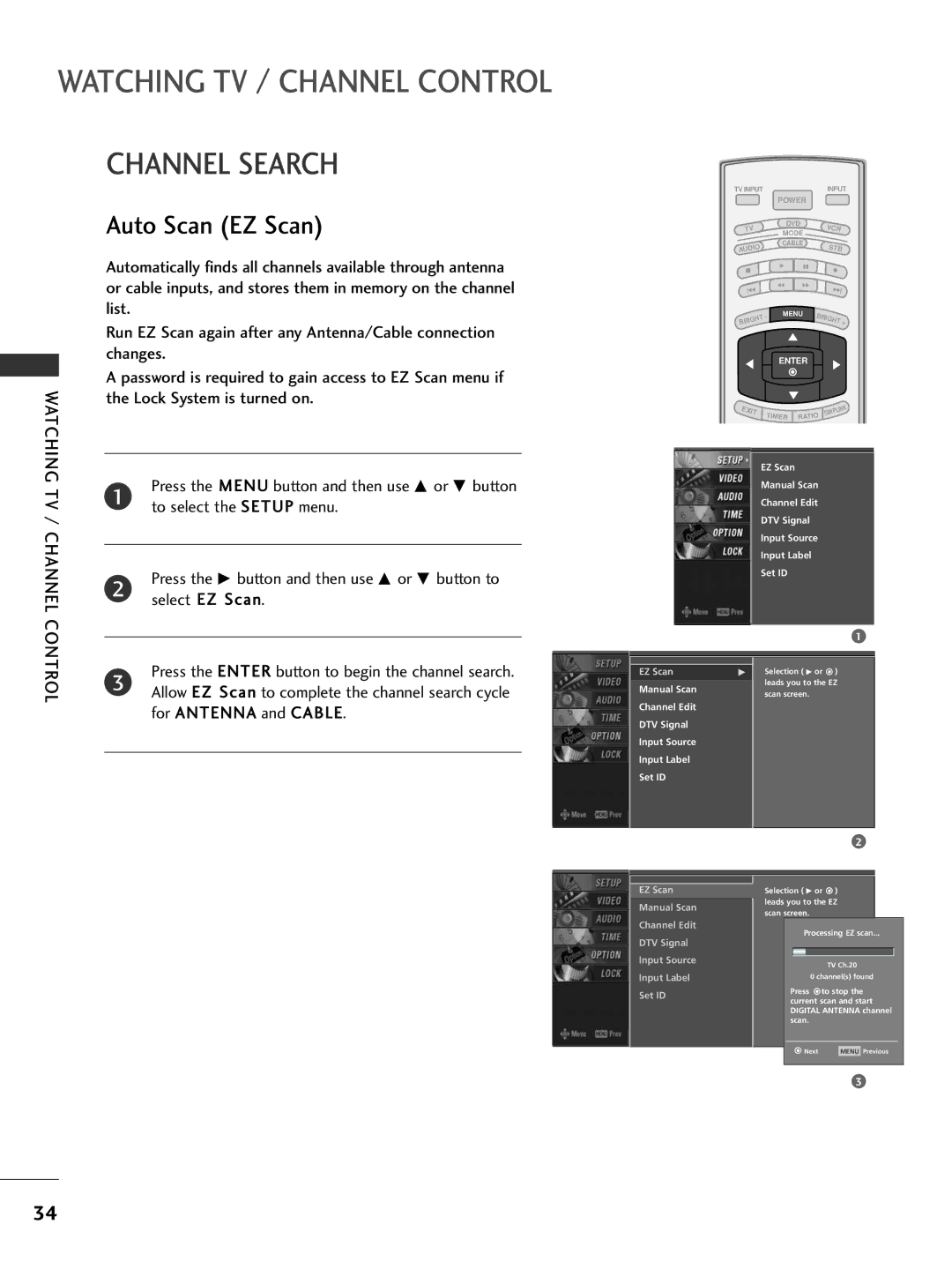 LG Electronics 32LC7D, 42PC5D owner manual Channel Search, Auto Scan EZ Scan 