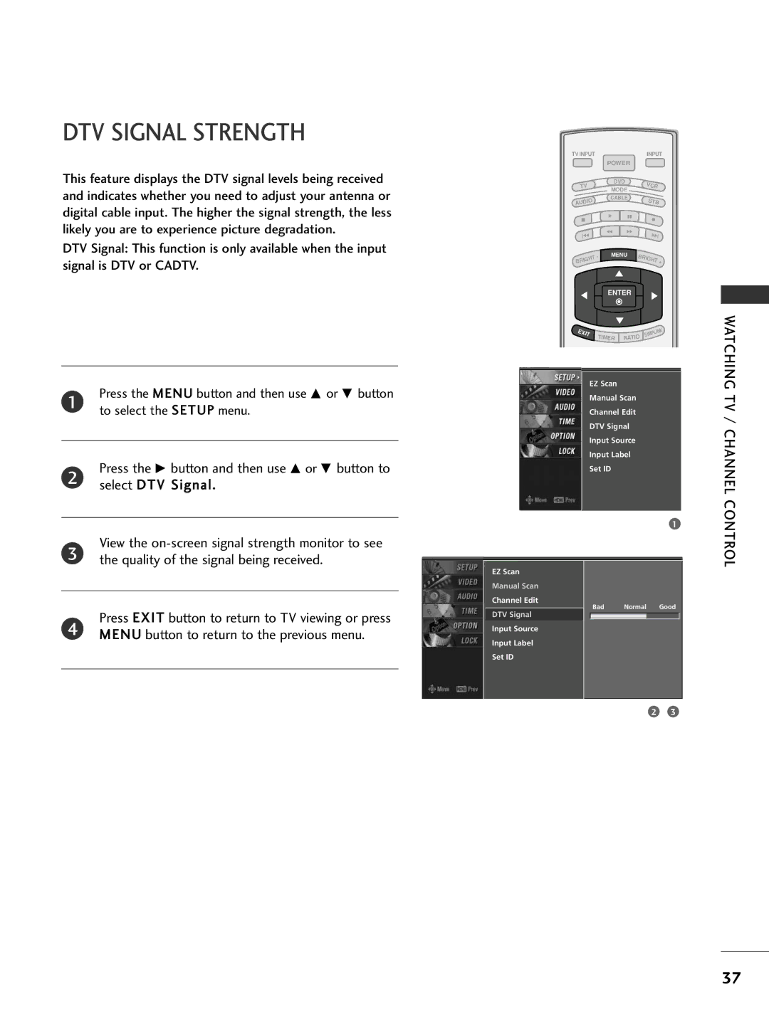 LG Electronics 42PC5D, 32LC7D owner manual DTV Signal Strength 