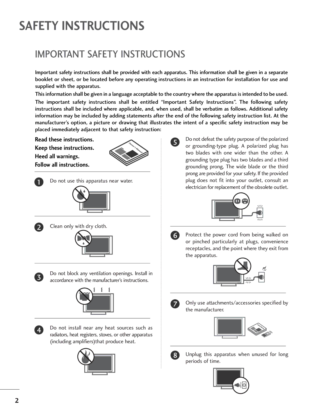 LG Electronics 32LC7D, 42PC5D owner manual Important Safety Instructions, Do not use this apparatus near water 